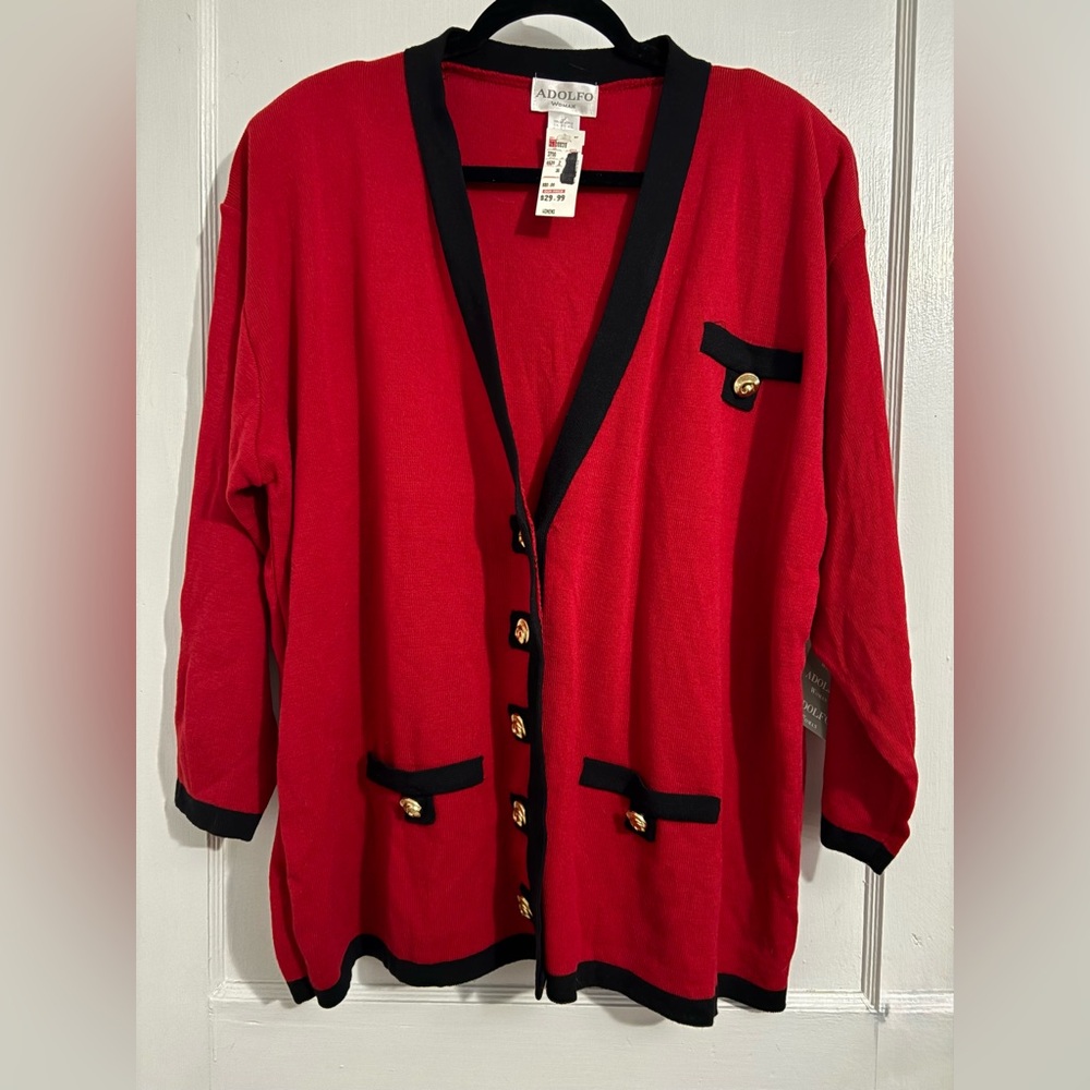 Adolfo Women's Red Cardigan with Black Accents NWT